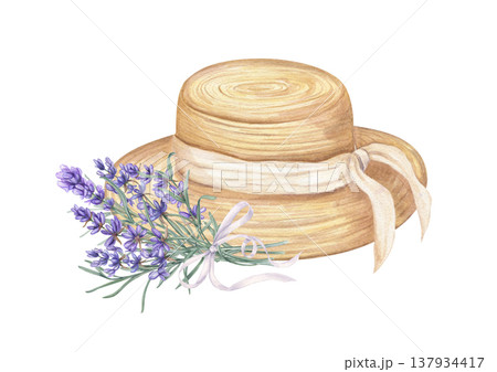 Lavender bouquet and summer women hat watercolor illustration on isolated background. Purple flowers tied with bow and straw hat with ribbon. Garden composition for wedding invitations, stationery 137934417