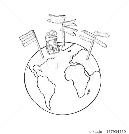 Hand drawn wood pointer ways, backpack on stylized planet Earth vector isolated illustration painted by black inks. Wooden signpost with arrows, rucksack for adventure or tourism trip, map, guidebook Hand drawn wood pointer ways, backpack on stylized planet Earth vector isolated illustration painted by black inks. Wooden signpost with arrows, rucksack for adventure or tourism trip, map, guidebook 137934550