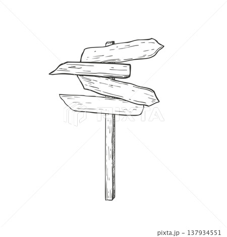 Wooden wood arrow pointer way vector isolated black and white illustration. Hand drawn empty tourist signs for forest walk or hiking graphic sketch. Wood pointer ways for booklet, map, guidebook Wooden wood arrow pointer way vector isolated black and white illustration. Hand drawn empty tourist signs for forest walk or hiking graphic sketch. Wood pointer ways for booklet, map, guidebook 137934551