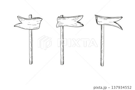 Wooden arrow pointers vector isolated clip art painted by black inks. Hand drawn tourist signs elements for creating wayfinding systems, road maps, booklet or guidebook. Flag on pole for kid toys 137934552