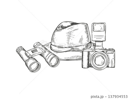 Hand drawn personal accessories for wildlife explorer or detective. Camera, binoculars and felt fedora hat vector isolated illustration. Adventure blog graphics, travel agency marketing material. 137934553