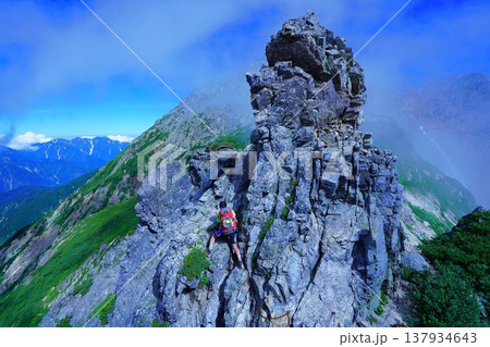 五竜岳G5の岩峰を登る登山者 137934643
