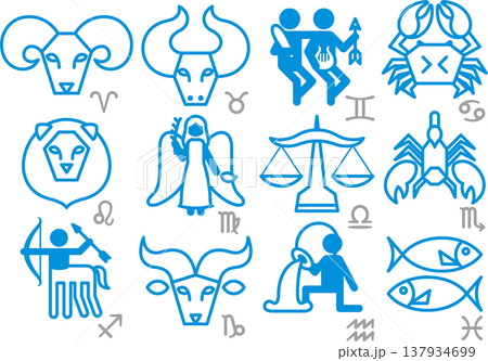 西洋占星術の黄道十二星座の線画アイコン集 137934699