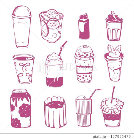 Whimsy hand drawn Cute Different Drinks set  137935479