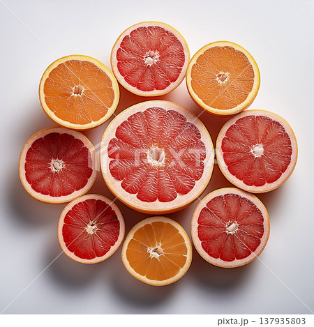白背景に並んだグレープフルーツの断面|俯瞰で見せる柑橘素材 白背景に並んだグレープフルーツの断面|俯瞰で見せる柑橘素材 137935803