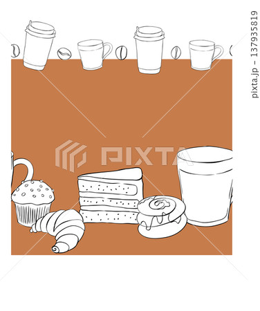 A cup of coffee and a sweet cinnamon bun. Seamless horizontal border Frame template Cafe hand drawn illustration. Vector graphic Black and white line ink art. Hand-drawn element for cafes, menus A cup of coffee and a sweet cinnamon bun. Seamless horizontal border Frame template Cafe hand drawn illustration. Vector graphic Black and white line ink art. Hand-drawn element for cafes, menus 137935819
