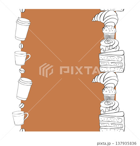 A cup of coffee and a sweet cinnamon bun. Seamless vertical border Frame template Cafe hand drawn illustration. Vector graphic Black and white line ink art. Hand-drawn element for cafes, menus 137935836