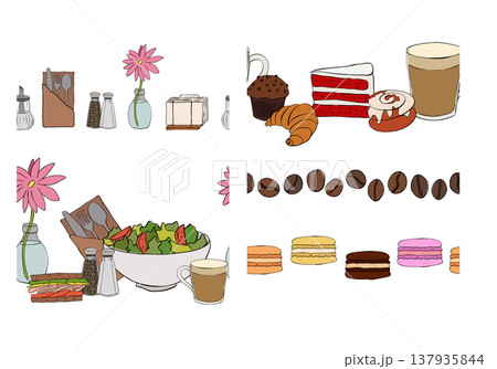 coffee cafe sweets Seamless horizontal border set hand drawn illustration. Vector graphic colored line ink art. For poster, invitation, backdrop, ad, sale promotion, print for t-shirt 137935844