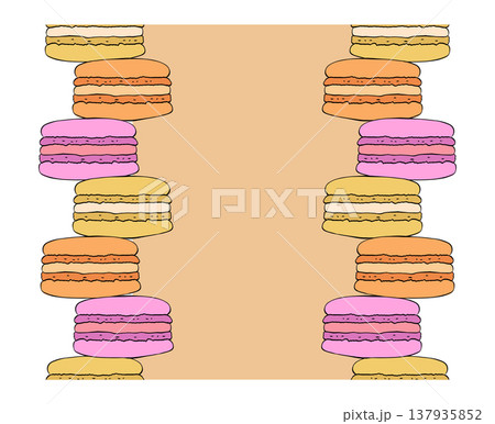 Macarons silhouette Seamless vertical border Frame template Cafe hand drawn illustration. Vector graphic colored line ink art. for package, holiday design, fabric and textile. 137935852