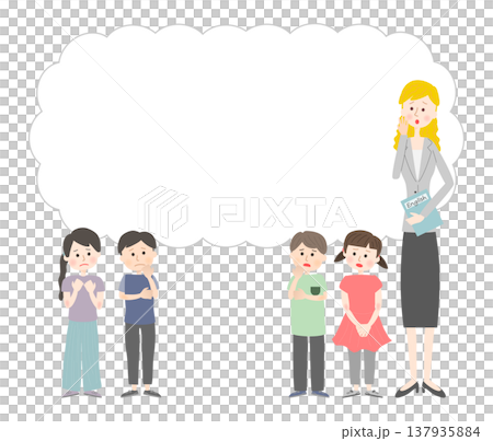 不安そうに考えている外国人講師と子供たち 不安そうに考えている外国人講師と子供たち 137935884
