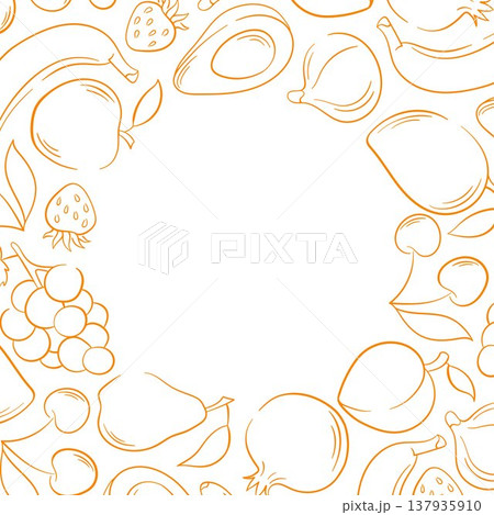 Fruit frame illustration with apple, banana, pear, avocado, grape and cherry in line art style. Decorative frame on white background for healthy wallpaper design, packaging and card. 137935910