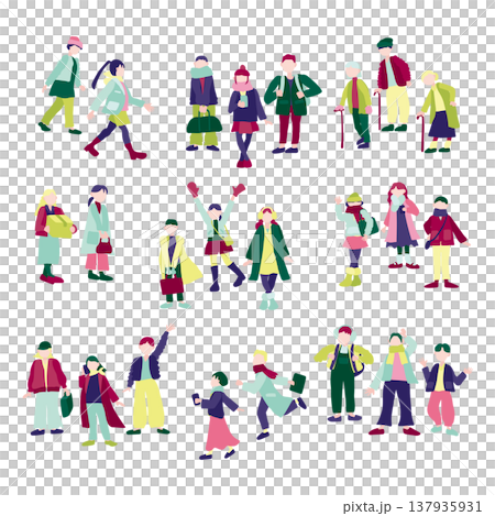 冬に外を歩く人のイラストセット 137935931