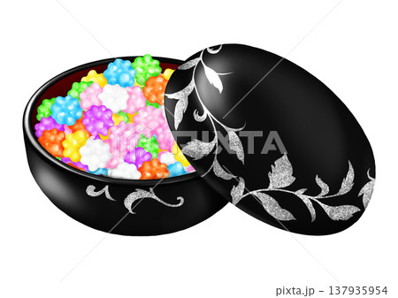 蓋をずらした黒い漆器のボンボニエール　金平糖入り　 137935954