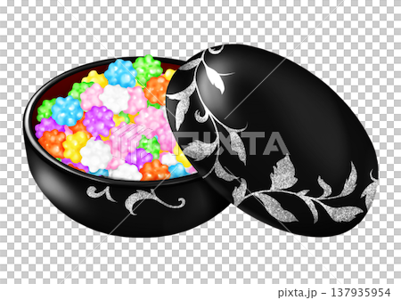 蓋をずらした黒い漆器のボンボニエール　金平糖入り　 137935954