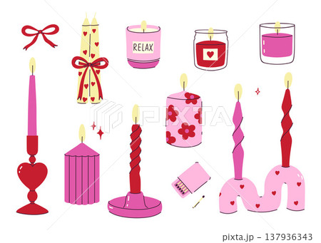 A set of cute pink and red candles. Vector graphics. A set of cute pink and red candles. Vector graphics. 137936343