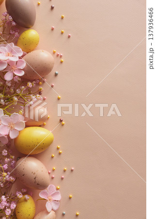 Speckled Easter Eggs and Cherry Blossoms on Peach Background. Festive Spring Flatlay 137936466