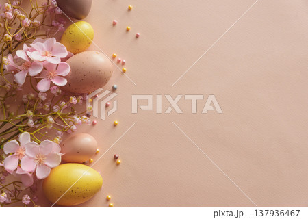 Speckled Easter Eggs and Cherry Blossoms on Peach Background. Festive Spring Flatlay 137936467