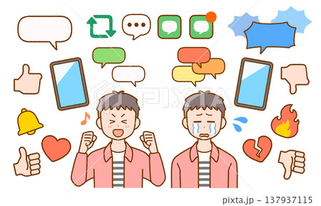 若い男性とSNSのアイコン素材セット｜スマホ・ネットトラブル 137937115