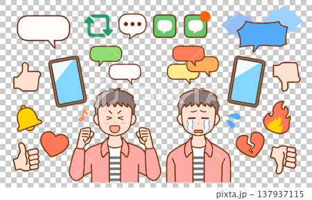 若い男性とSNSのアイコン素材セット｜スマホ・ネットトラブル 137937115