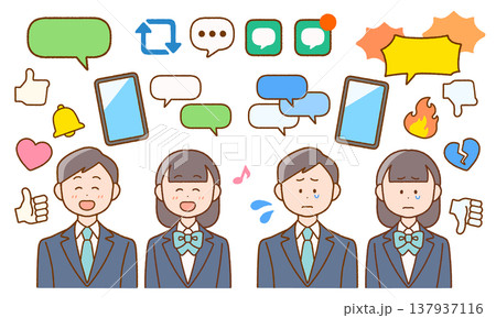 学生とSNSのアイコン素材セット|スマホ・ネットトラブル 学生とSNSのアイコン素材セット|スマホ・ネットトラブル 137937116