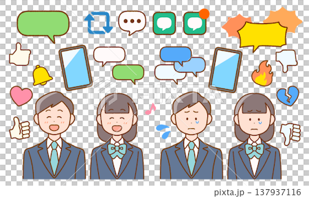 学生とSNSのアイコン素材セット|スマホ・ネットトラブル 学生とSNSのアイコン素材セット|スマホ・ネットトラブル 137937116
