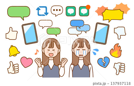 若い女性とSNSのアイコン素材セット|スマホ・ネットトラブル 若い女性とSNSのアイコン素材セット|スマホ・ネットトラブル 137937118
