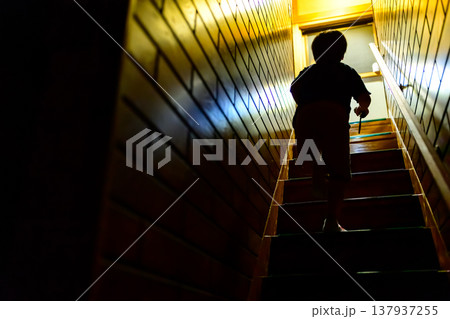 薄暗い階段を登る子供のシルエット 137937255