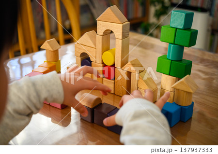 子供が積み木で遊ぶ 子供が積み木で遊ぶ 137937333