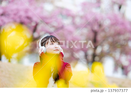 桜の中でヘッドホンで音楽を聴く若い女性 137937377