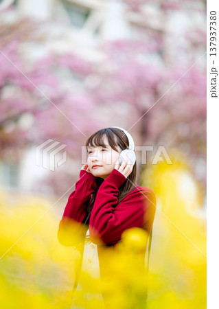 桜の中でヘッドホンで音楽を聴く若い女性 桜の中でヘッドホンで音楽を聴く若い女性 137937380
