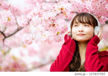 桜の中でヘッドホンで音楽を聴く若い女性 桜の中でヘッドホンで音楽を聴く若い女性 137937397