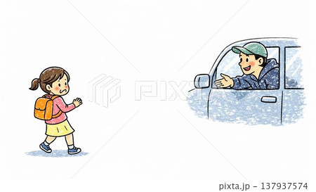 車に乗らない子ども 防犯教育イラスト 窓越しに誘う不審者を拒否 距離を取る 137937574