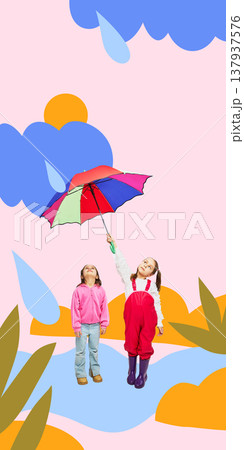 Two girls holding bright umbrella under graphic rain cloud in abstract scene. 137937576