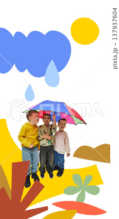 Three children standing under bright umbrella with stylized rain elements. 137937604
