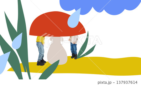 Children under oversized mushroom with stylized rain and plants. Children under oversized mushroom with stylized rain and plants. 137937614