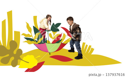 Children playing with colorful umbrella surrounded by stylized leaves and shapes Children playing with colorful umbrella surrounded by stylized leaves and shapes 137937616