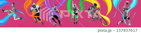 Sports equipment and athletes collage with dynamic graphic composition Sports equipment and athletes collage with dynamic graphic composition 137937617