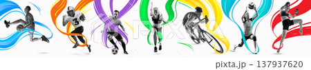 Colorful sports banner with athletes and abstract dynamic shapes 137937620