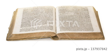 Open antique book displaying old pages and text Open antique book displaying old pages and text 137937842
