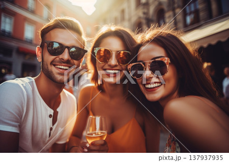 Group of multicultural friend spending time together. Generative AI 137937935