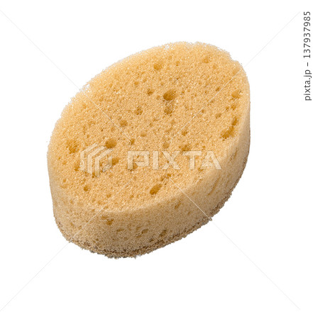 Yellow porous cleaning sponge with transparent background 137937985