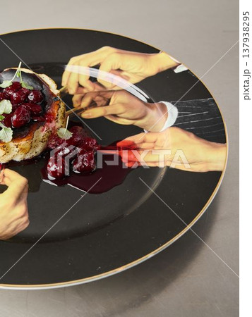 Close overhead view hands showcasing cherry pastry for campaign 137938295