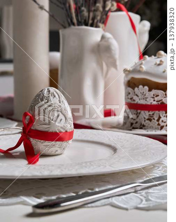 Sophisticated breakfast setting with intricate textures and accessories 137938320