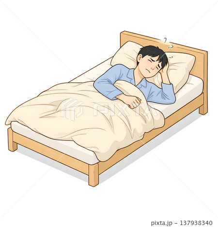 白背景でベッドの上で枕が合わず困っている若い男性のシンプルな手書き風イラスト 137938340