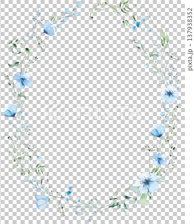Oval floral wreath with blue watercolor wildflowers and leaves, hand drawn wedding illustration Oval floral wreath with blue watercolor wildflowers and leaves, hand drawn wedding illustration 137938352