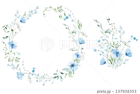 Floral wreath and bouquet with blue watercolor wildflowers and leaves, wedding illustration clipart 137938353