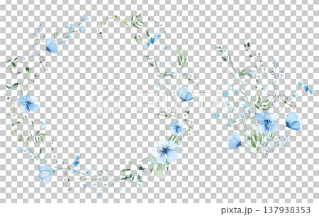 Floral wreath and bouquet with blue watercolor wildflowers and leaves, wedding illustration clipart 137938353
