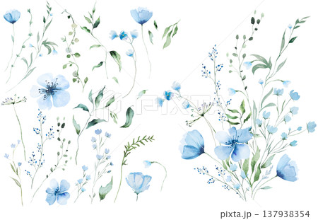 Floral bouquet clipart with blue watercolor wildflowers and leaves, hand drawn wedding illustration 137938354