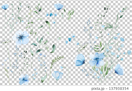 Floral bouquet clipart with blue watercolor wildflowers and leaves, hand drawn wedding illustration 137938354
