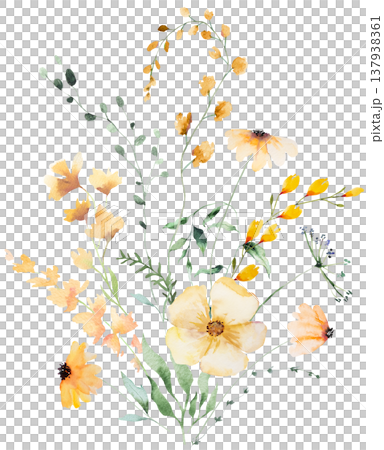 Floral bouquet with yellow watercolor wildflowers and leaves, hand drawn wedding illustration 137938361